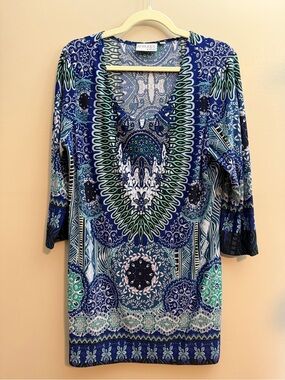 Attitudes by Renee navy blue and green paisley dress